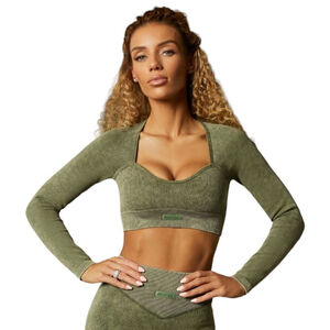 Bo+Tee Endeavour Seamless Half Sleeve Curved Neckline Crop Top Dark Khaki Sz S